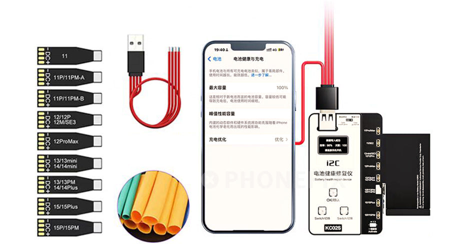 Mobile phone battery tester kit with connectors, USB cable, heat shrink tubing, and smartphone