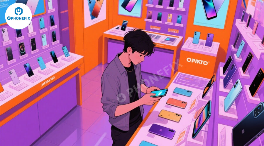 Person browsing smartphones in a vibrant mobile phone shop, surrounded by various phone models.