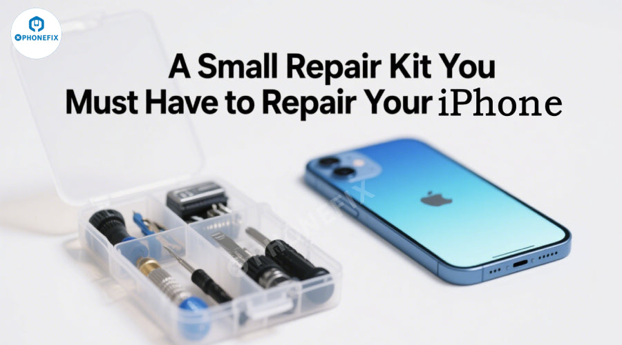 iPhone repair kit with precision screwdrivers and blue iPhone on white background