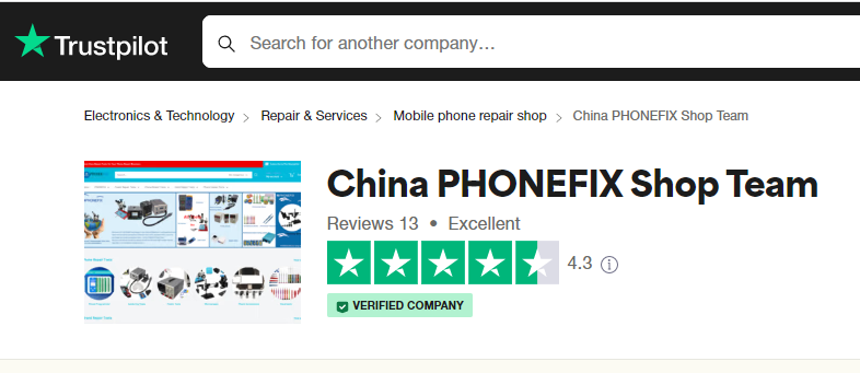 Trustpilot review page for a mobile phone repair shop with a 4.3-star rating and verified company badge.