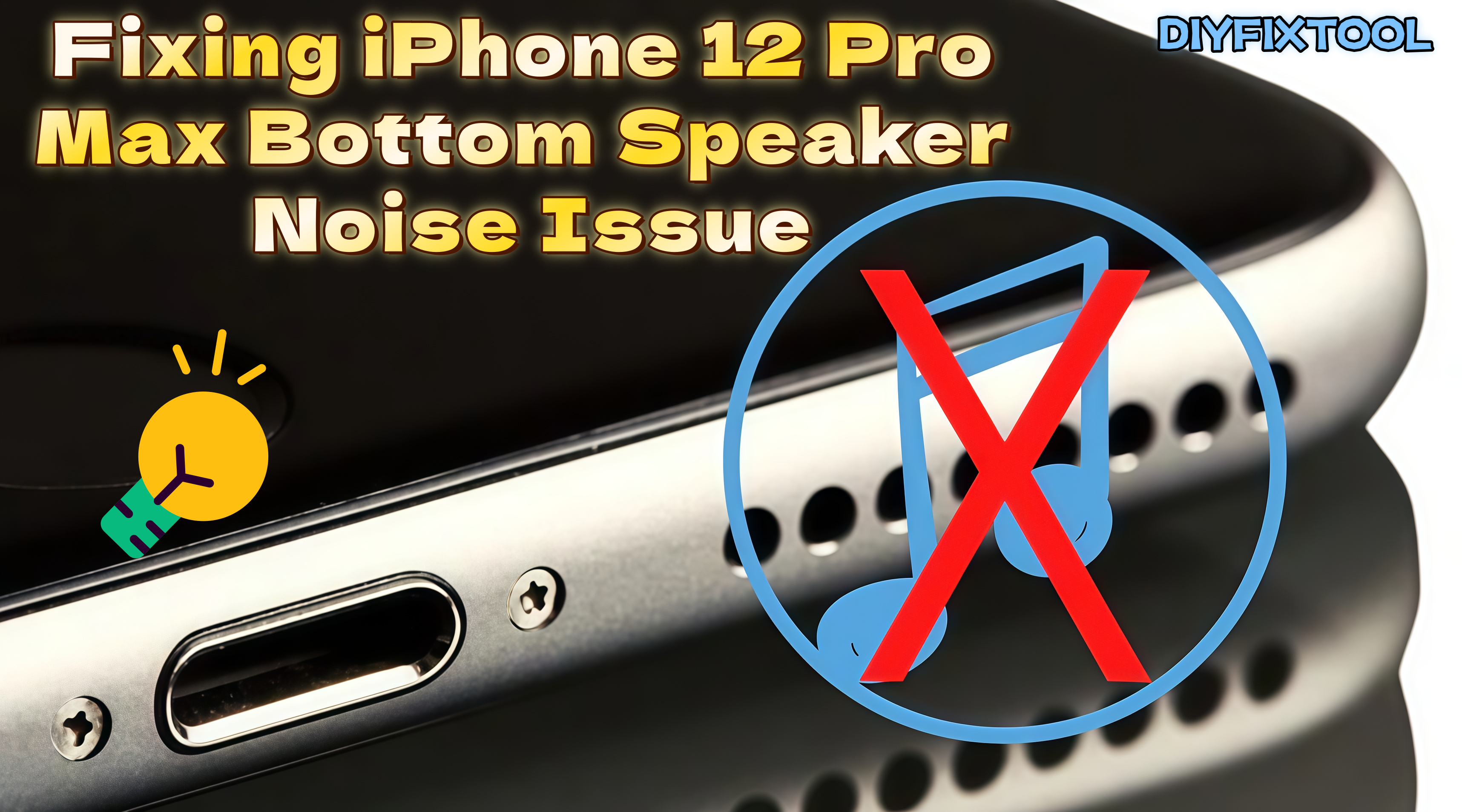 Close-up of iPhone 12 Pro Max bottom speaker with mute music icon, fixing speaker noise issue.