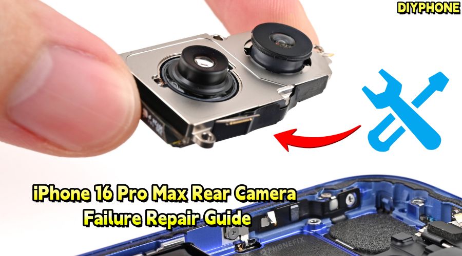 Close-up of hand removing iPhone 16 Pro Max rear camera module during phone repair
