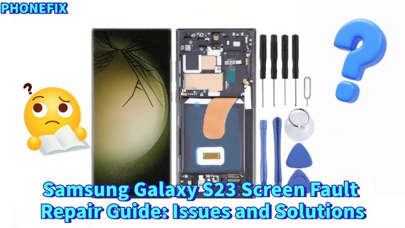Samsung Galaxy S23 screen repair kit with phone display, tools, and repair guide visual.
