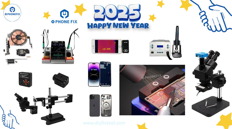 Mobile phone repair tools, components, and microscopes, Happy New Year 2025 graphic