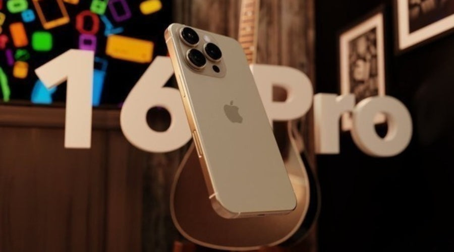 Apple iPhone 16 Pro in gold color displayed with large rear cameras and blurred background