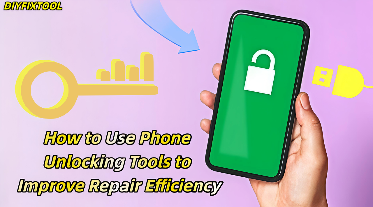 Hand holding smartphone with unlock icon, USB cable, and digital key symbol, phone unlocking tools concept