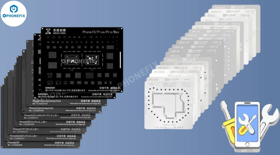 Assorted phone repair stencil templates and tools for mobile device PCB and chip soldering.