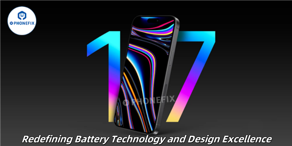 Modern smartphone with vibrant screen, number 17, and text highlighting battery technology and design