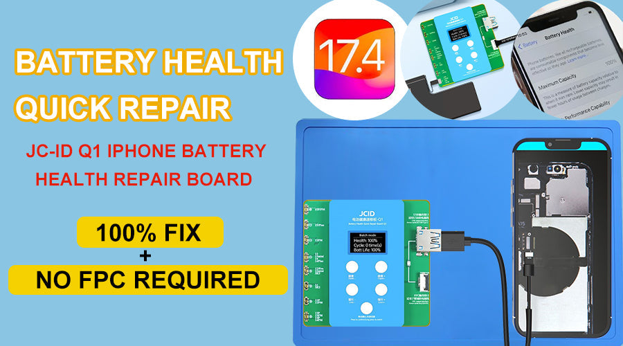 JCID Q1 iPhone battery health repair board connected to phone for quick battery fix