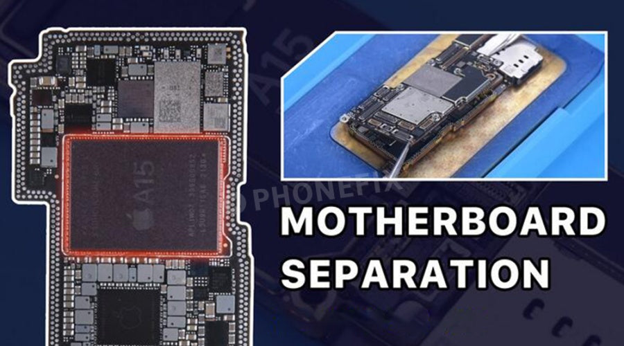 Close-up of smartphone motherboard and repair tool demonstrating motherboard separation process.