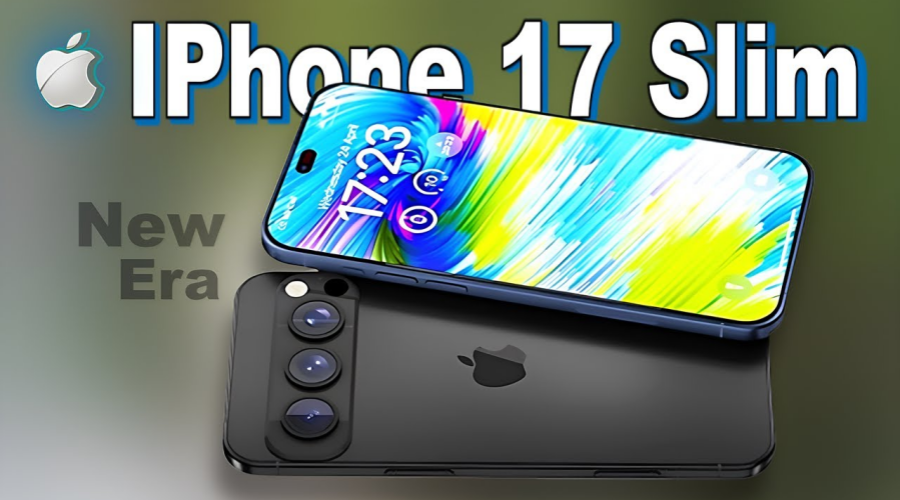 iPhone 17 Slim concept with triple rear camera, vibrant display, and 'New Era' text.