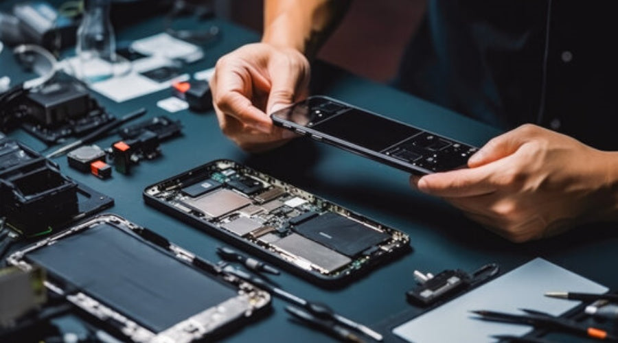 Technician repairing a smartphone with tools and phone components on a workbench