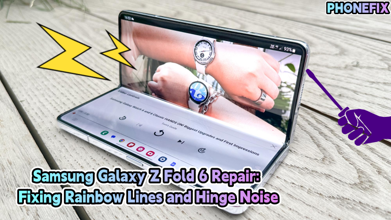 Samsung Galaxy Z Fold 6 partially opened on a light wood surface showing rainbow lines and hands, with repair-themed graphics and text about fixing display lines and hinge noise.