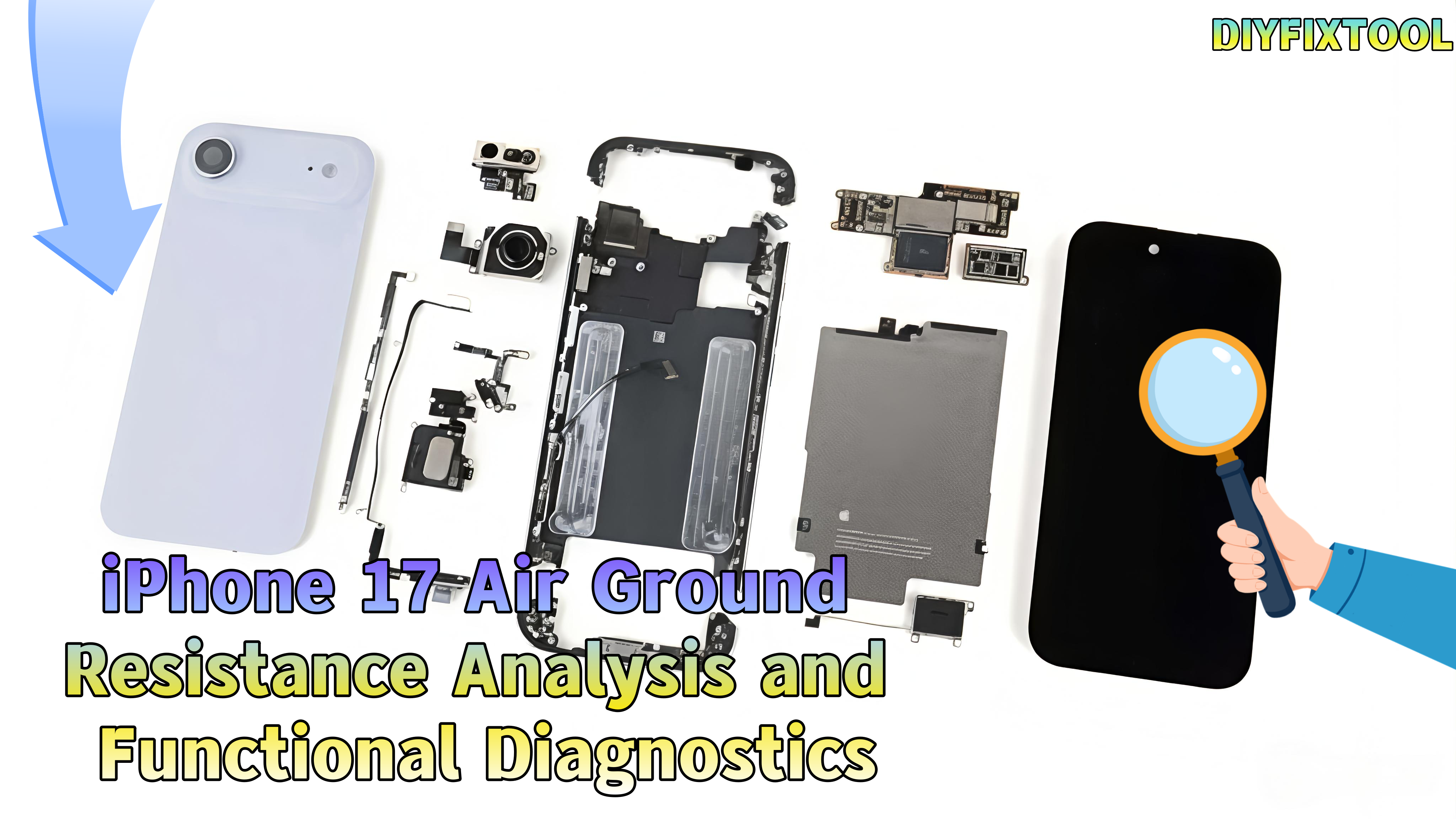 Disassembled smartphone with parts laid out for iPhone repair, diagnostics and resistance analysis