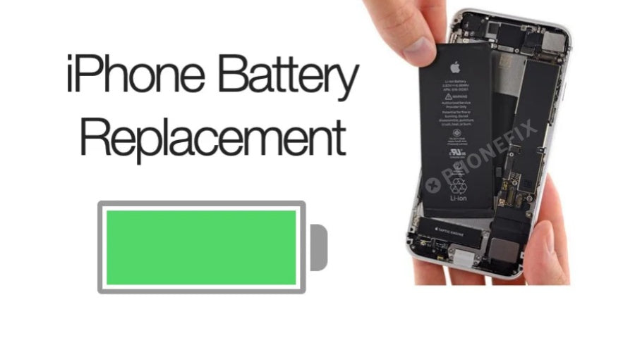 iPhone battery replacement process with phone opened and new battery being installed