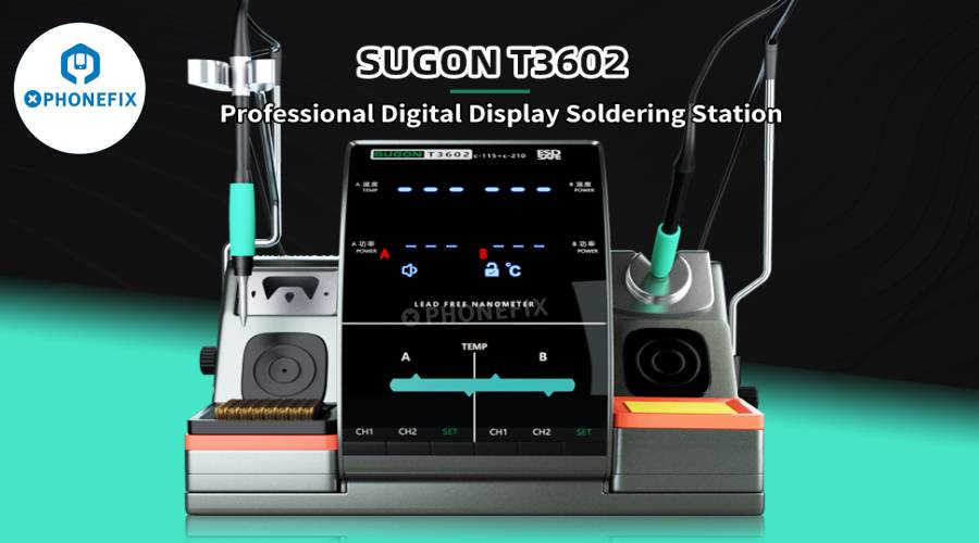 Sugon T3602 professional digital display soldering station with dual soldering irons and LED screen for phone repair.