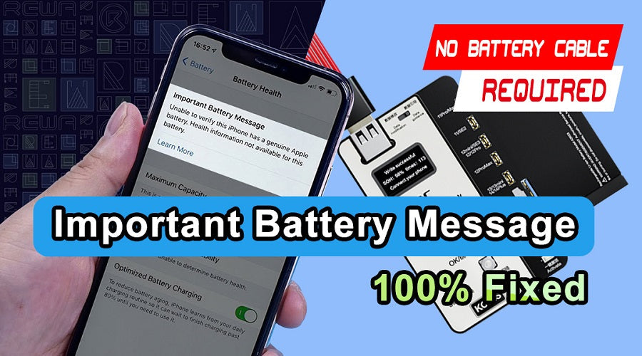 Mano sosteniendo un teléfono inteligente que muestra un mensaje sobre el estado de la batería, con una herramienta de reparación y un texto que indica que el problema se solucionó sin necesidad de un cable de batería.
