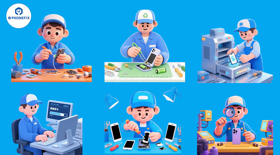 Cartoon technicians repairing mobile phones and working with repair tools in a workshop setting.