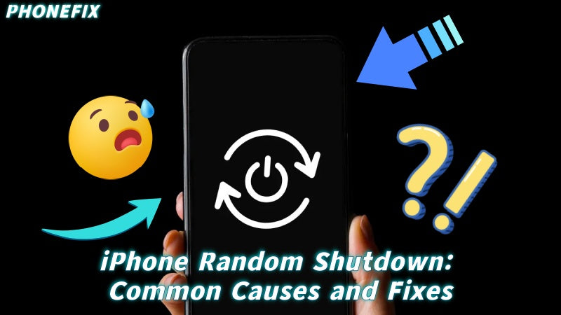 Person holding smartphone showing power cycle symbol, text about iPhone random shutdown causes and fixes.