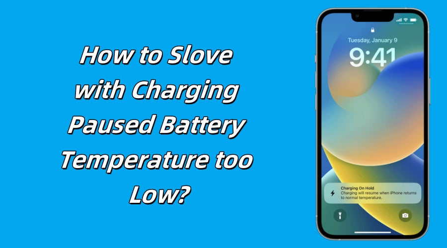 iPhone charging paused warning screen, blue background, text about low battery temperature issue.