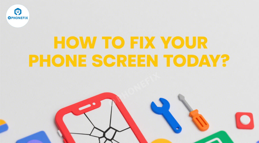 Cracked phone screen with repair tools and bold text how to fix your phone screen today