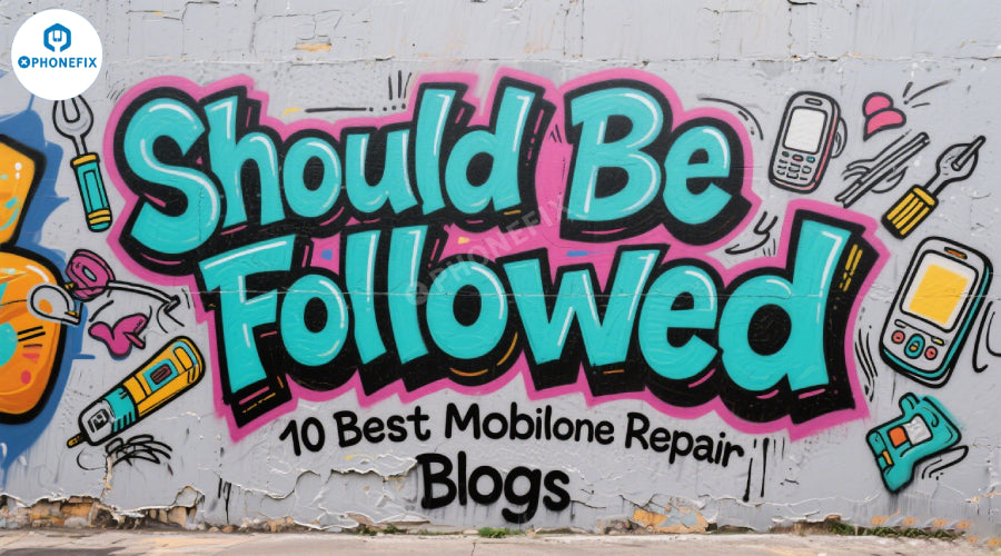 Colorful graffiti wall with text 'Should Be Followed 10 Best Mobile Phone Repair Blogs' and phone repair tool illustrations.