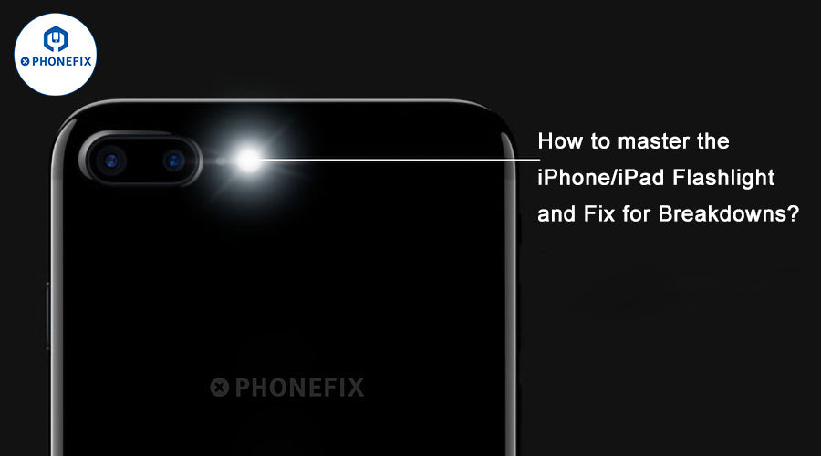 iPhone rear camera and flashlight illuminated against black background, repair tips text overlay