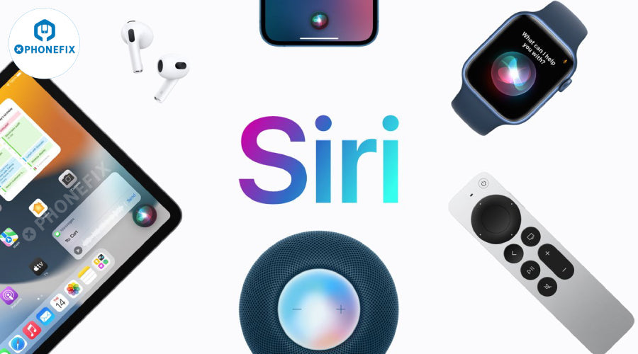 Apple devices including iPad, iPhone, Apple Watch, AirPods, Siri remote, and HomePod with Siri interface.