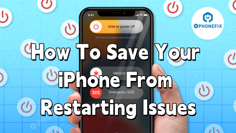 Hand holding iPhone showing power off screen, text overlay about fixing iPhone restarting issues