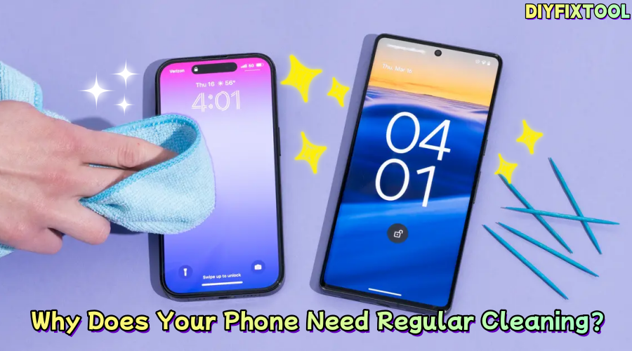 Hand cleaning smartphone screen with microfiber cloth, clean mobile with phone repair tools, hygiene tips.
