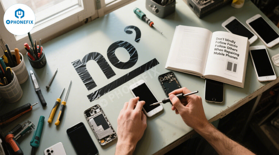 Technician repairing smartphone at workbench with tools, spare phone parts, and manual