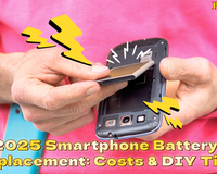 Hands replacing smartphone battery, 2025 battery replacement costs and DIY tips highlighted.