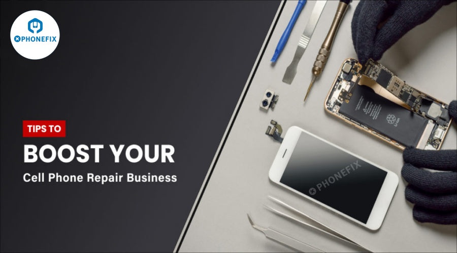 Technician repairing smartphone with phone repair tools and disassembled parts on table