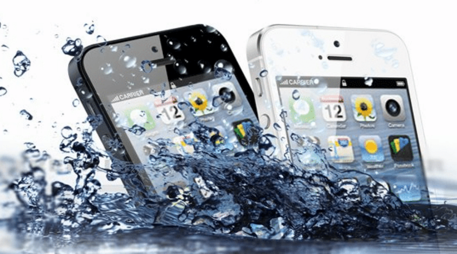 Two smartphones splashed by water, highlighting phone repair and water damage risk.