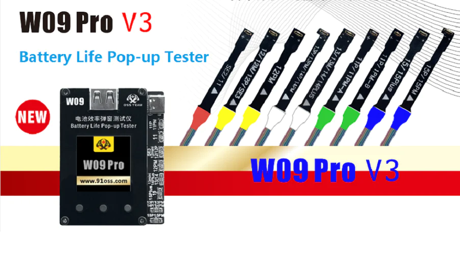 W09 Pro V3 battery life pop-up tester with multiple connector cables for phone repair
