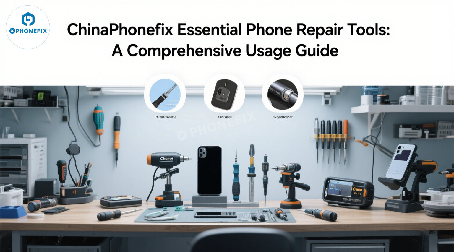 Mobile phone repair tools on workbench, including screwdrivers, drills, and smartphones.