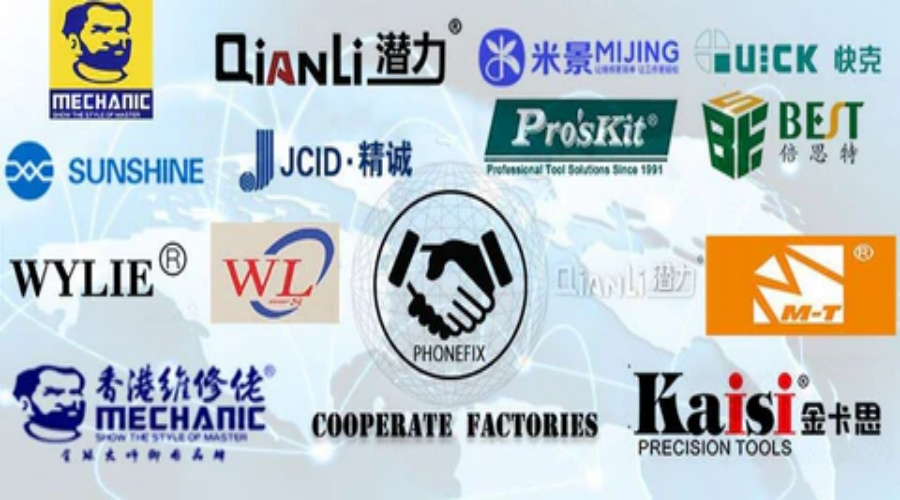 Logos of popular mobile phone repair tool brands on a world map background.