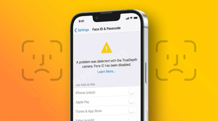 iPhone with Face ID error message on screen, yellow warning icon, mobile phone repair concept