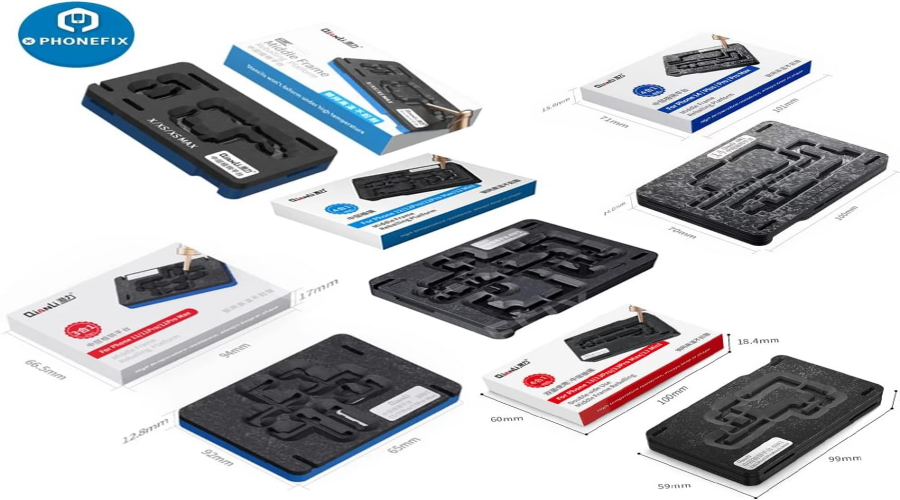 Assorted mobile phone repair motherboard holders and fixtures with dimensions, in retail packaging.