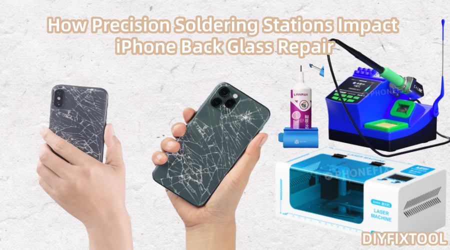 Broken iPhone back glass repair tools including soldering station and laser machine
