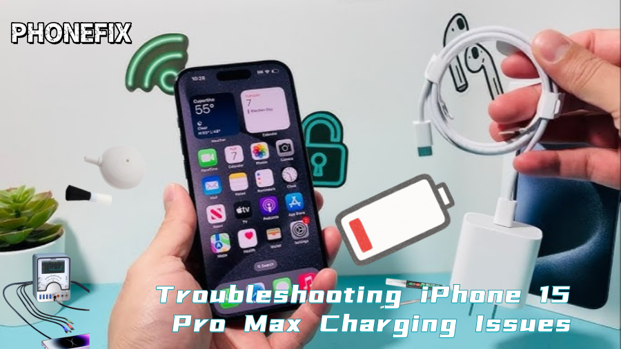 Hands holding iPhone 15 Pro Max and charger, troubleshooting charging problem setup.
