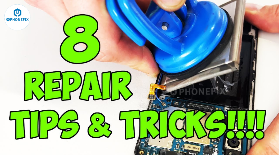 Hand using suction tool to repair smartphone screen with text '8 repair tips & tricks'.