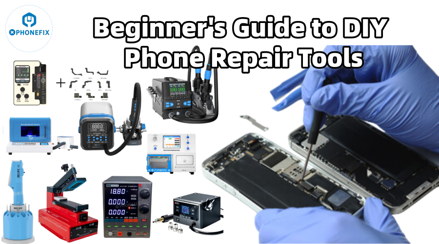 Gloved hands using phone repair tools on smartphone with various DIY repair equipment displayed
