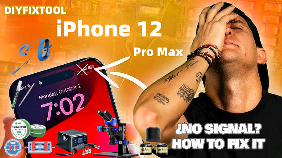 Frustrated man with tattoo covering face, iPhone 12 Pro Max no signal fix, phone repair tools, Spanish text.