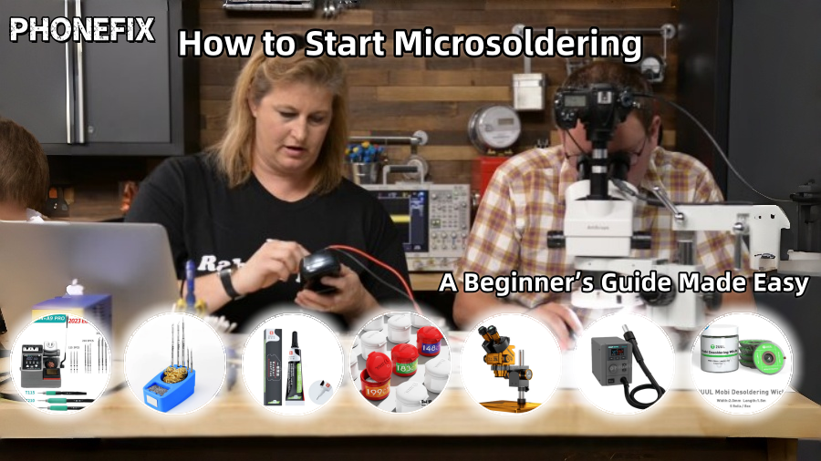 Two people doing microsoldering at a workbench, with soldering tools and phone repair kits displayed.