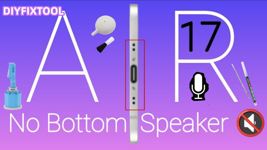 iPad Air 17 side view showing no bottom speaker, with repair tools and microphone icon on gradient background