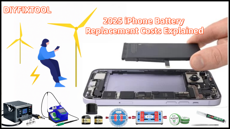 Hand replacing iPhone battery with repair tools, 2025 battery replacement cost guide.