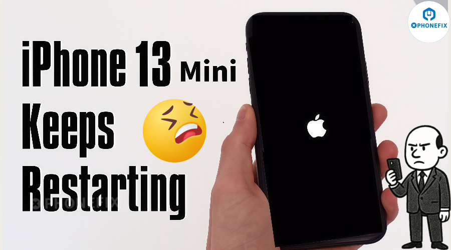 Hand holding iPhone 13 Mini stuck on Apple logo, text reads 'iPhone 13 Mini Keeps Restarting', frustrated emoji and cartoon man with phone.