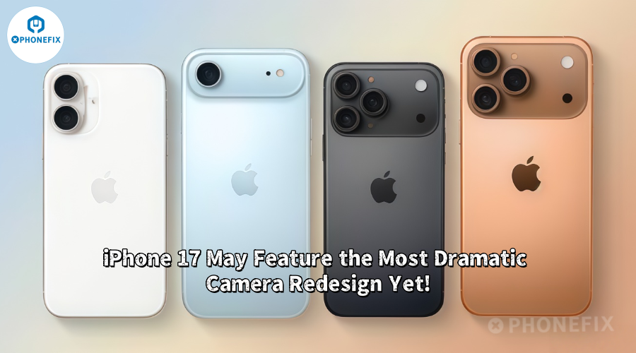 Four iPhone 17 models in white, blue, black, and gold showing redesigned rear cameras.