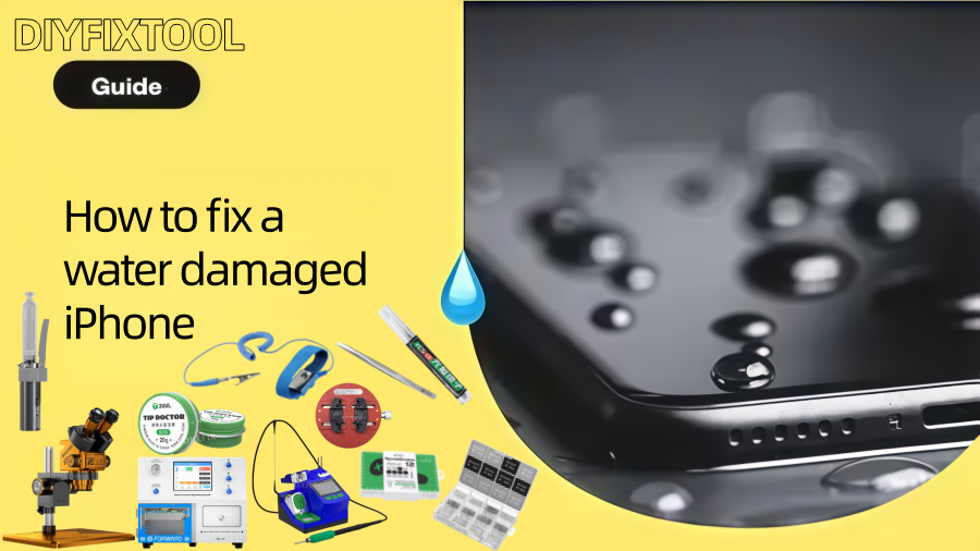 Guide to fixing water damaged iPhone with repair tools and accessories on yellow background